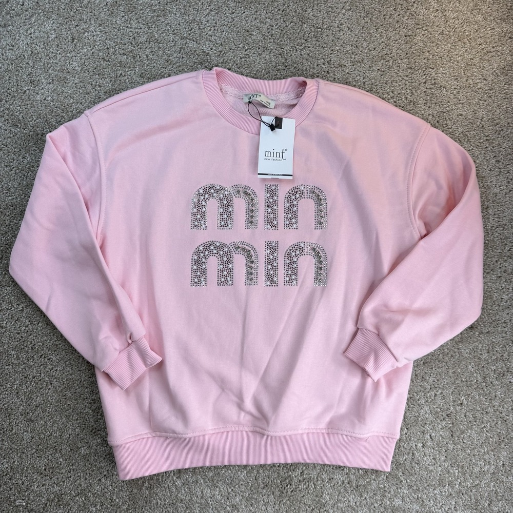 Mint Sweatshirt Womens Small Pink Terry Crewneck Rhinestone MIN Graphic Pullover